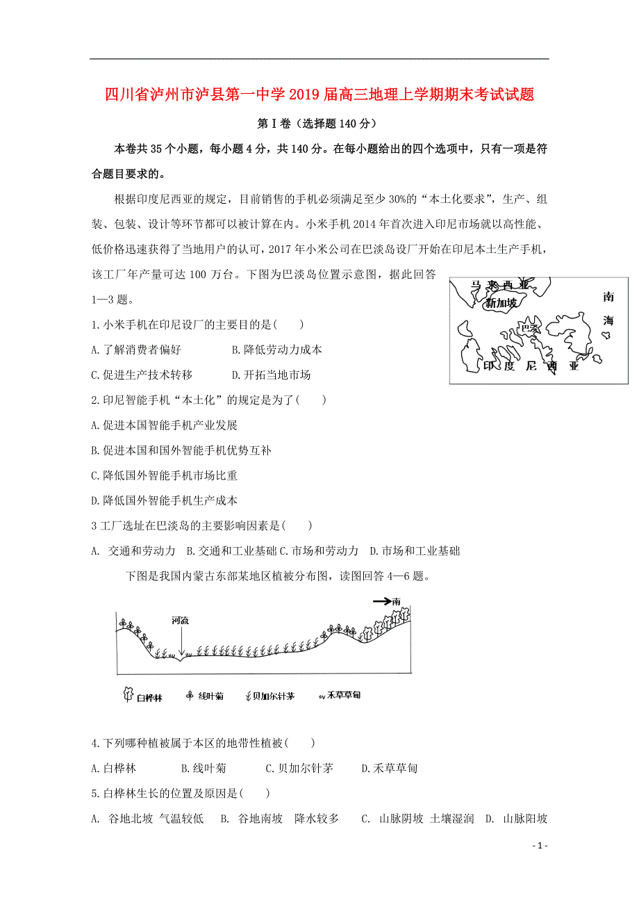 四川省泸州市泸县第一中学2019届高三地理上学期期末考试试题_第1页