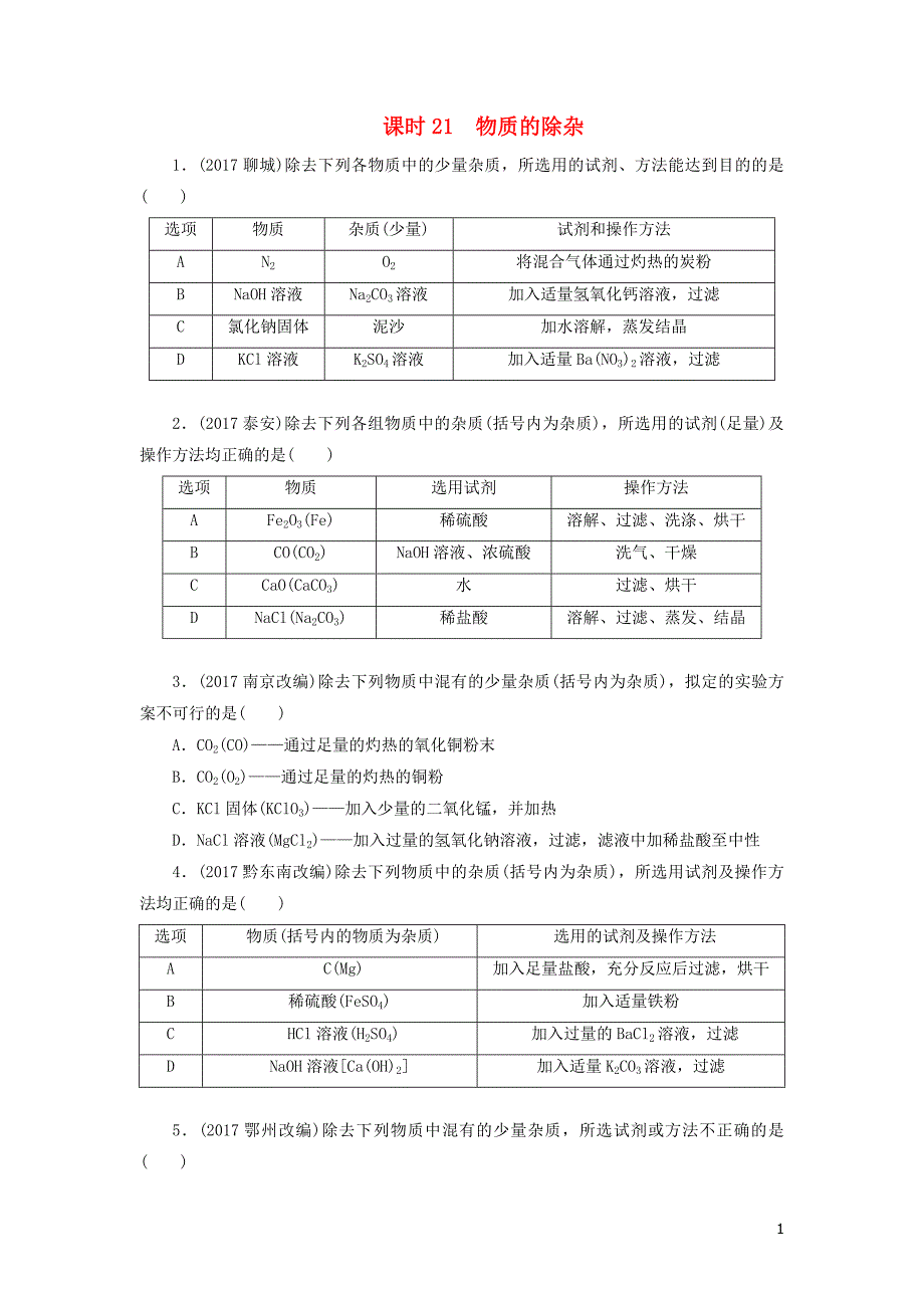 广东省2018年中考化学总复习 课时21 物质的除杂练习_第1页