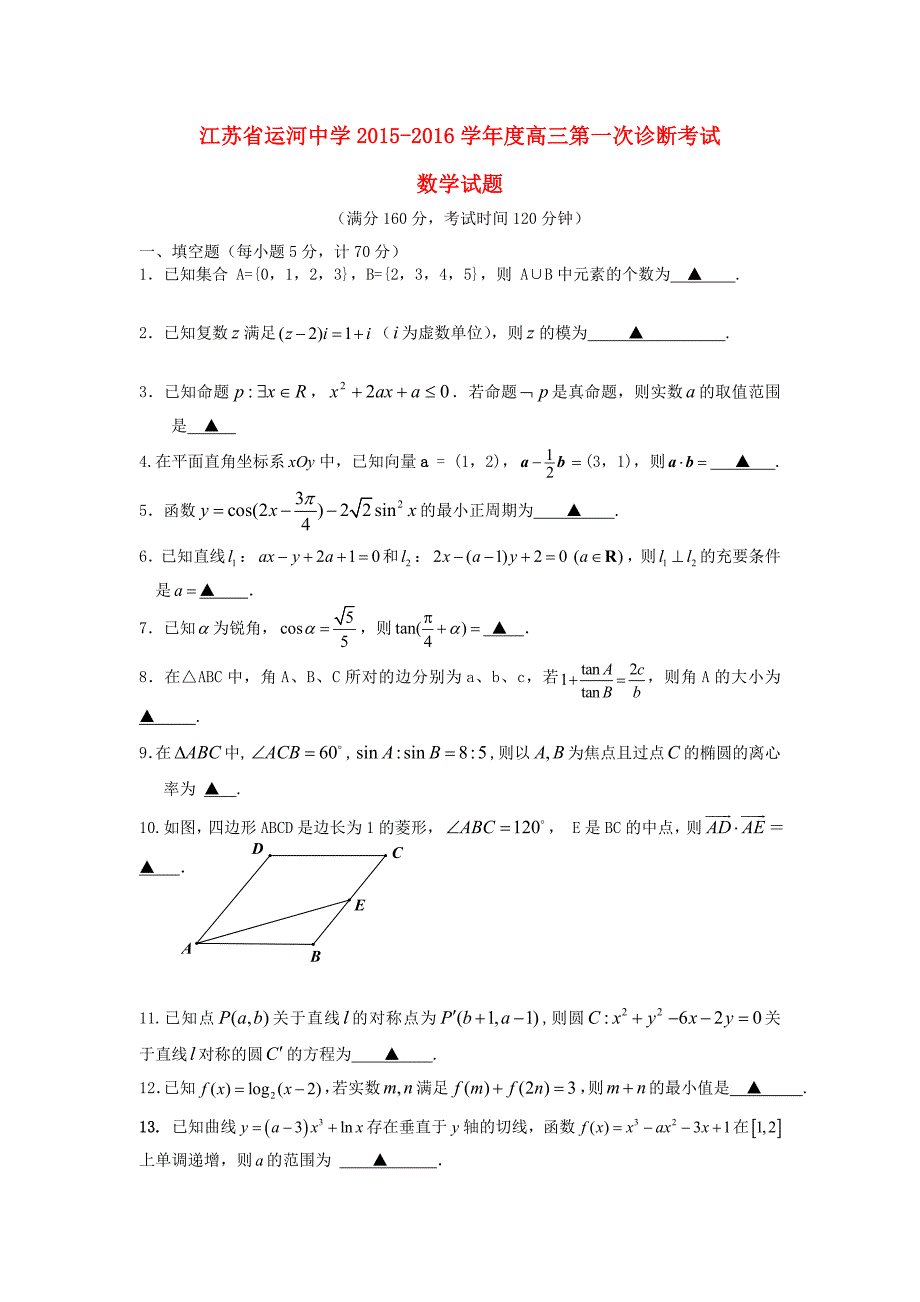 江苏省运河中学2016届高三数学上学期第一次诊断考试试题_第1页