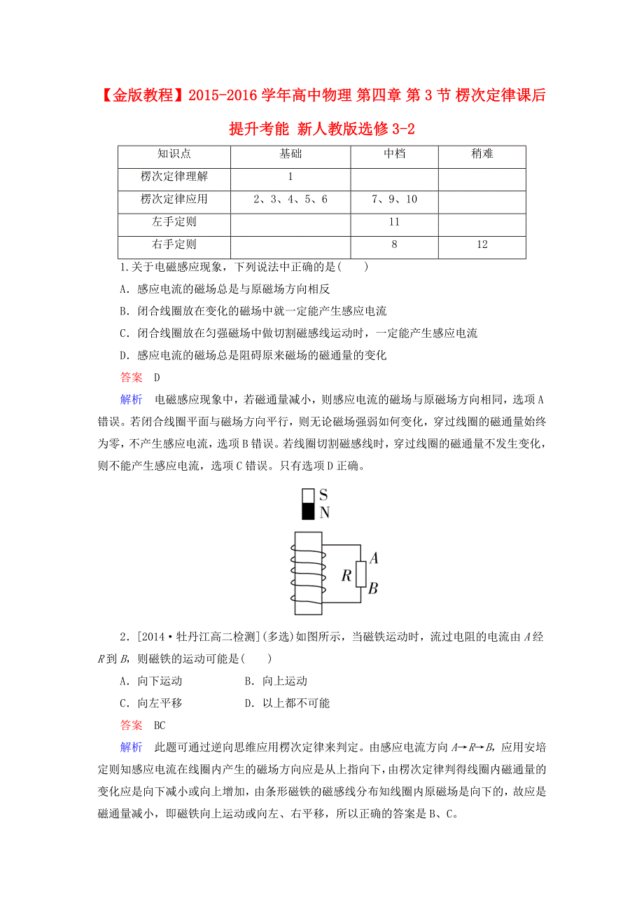 2015-2016学年高中物理 第四章 第3节 楞次定律课后提升考能 新人教版选修3-2_第1页