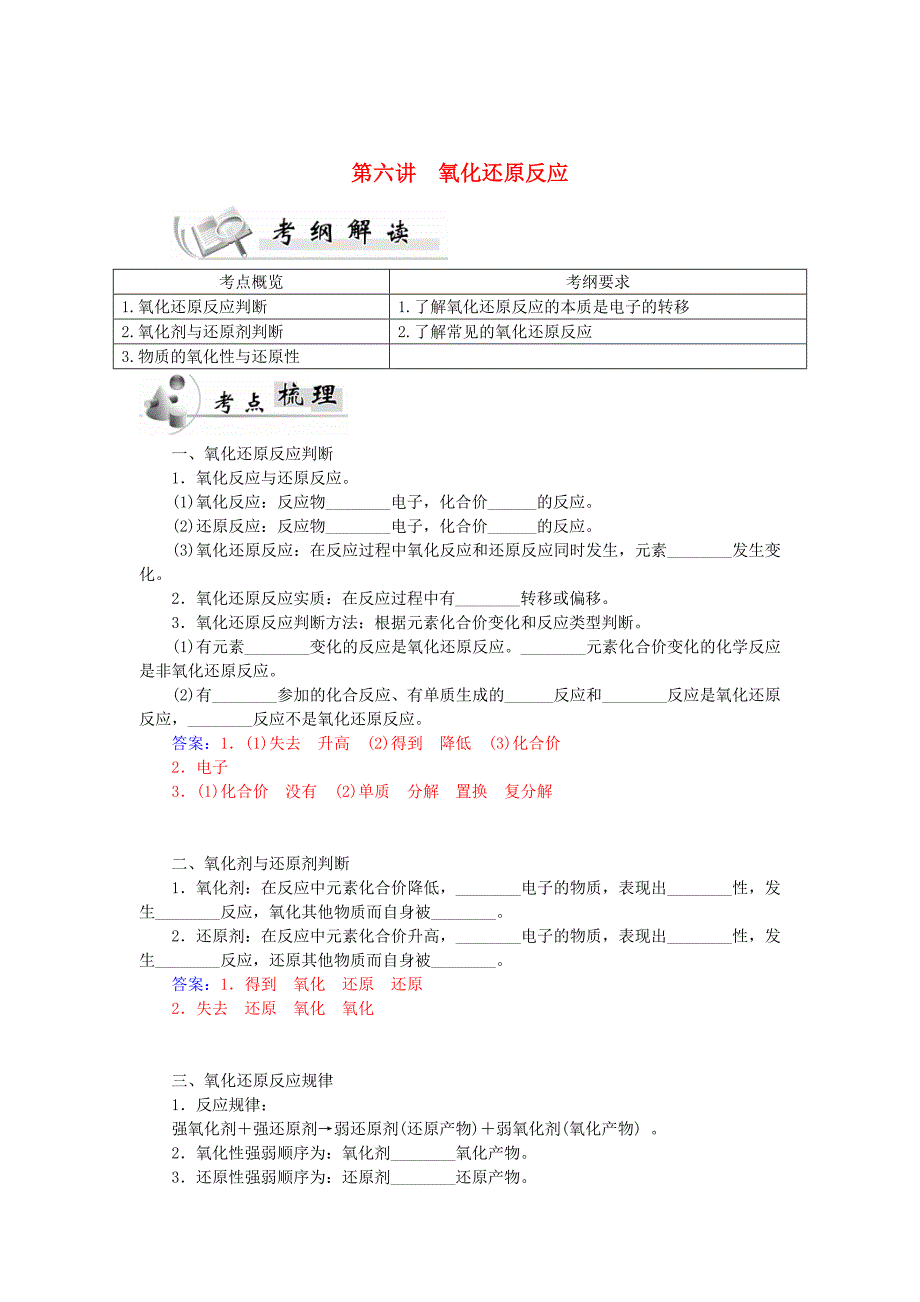 广东省普通高中2015-2016学年高中化学学业水平测试 第6讲 氧化还原反应讲练_第1页