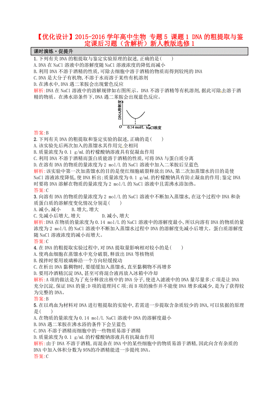 2015-2016学年高中生物 专题5 课题1 dna的粗提取与鉴定课后习题（含解析）新人教版选修1_第1页