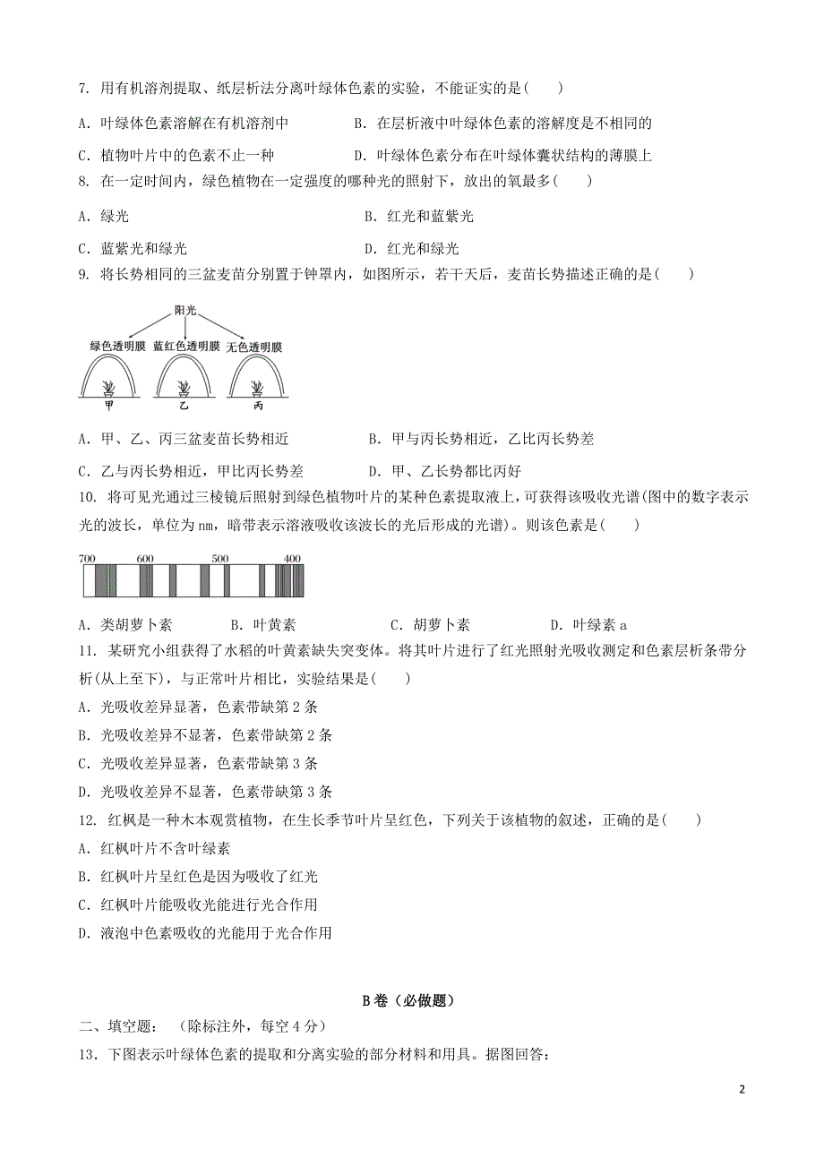 四川省成都市高中生物 第五章 细胞的能量供应和利用 5.4 光合作用1限时练（无答案）新人教版必修1_第2页