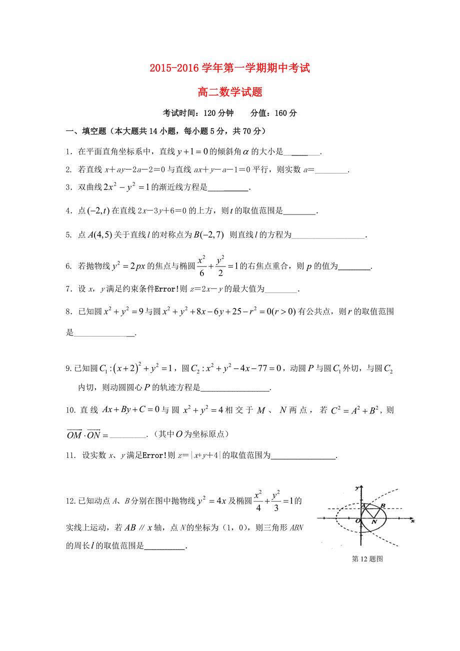 江苏省南通市天星湖中学2015-2016学年高二数学上学期期中试题_第1页