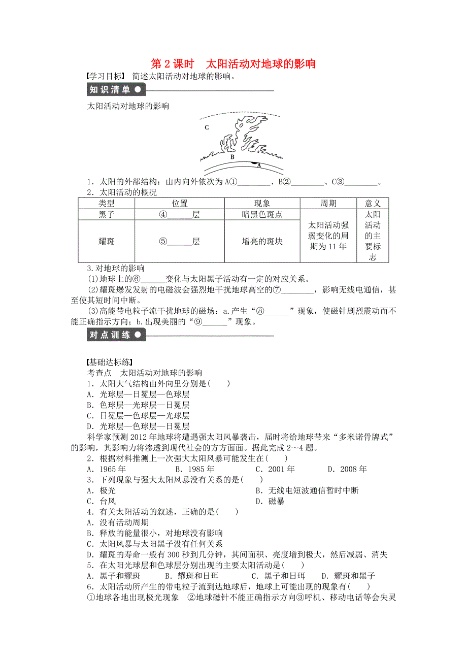 新2015-2016学年高中地理 第一章 第二节 第2课时 太阳活动对地球的影响课时作业 中图版必修1_第1页