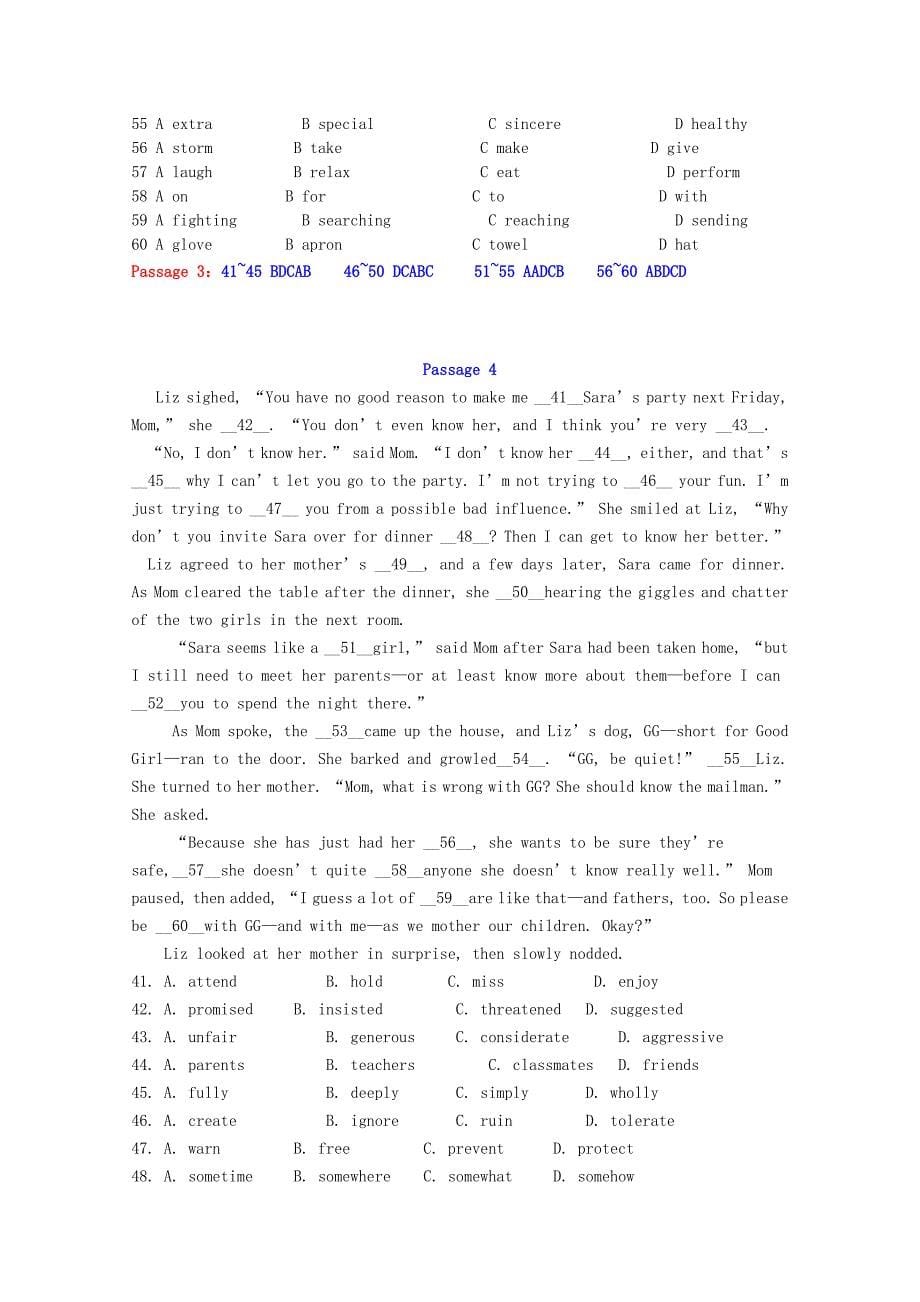 2016高考英语二轮复习 完形填空寒假精练（10）_第5页