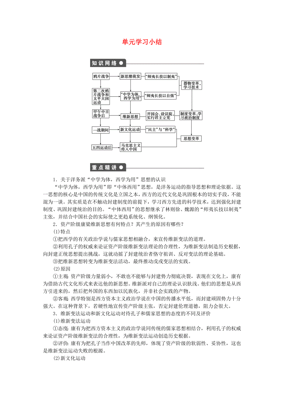 新2015-2016学年高中历史 第五单元 近代中国的思想解放潮流单元学习小结 新人教版必修3_第1页