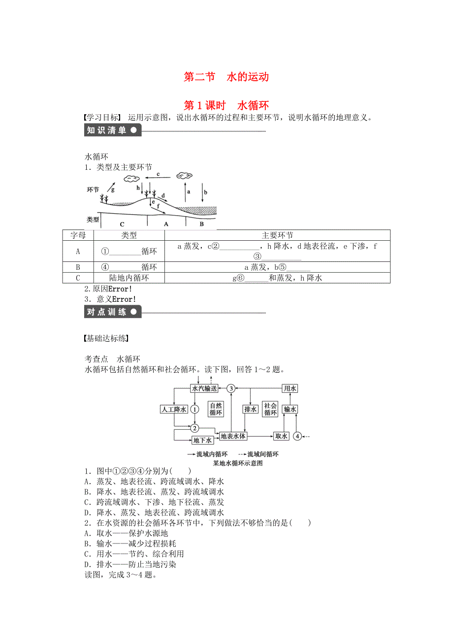 新2015-2016学年高中地理 第二章 第二节 第1课时 水循环课时作业 中图版必修1_第1页