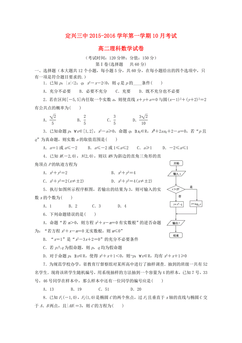 河北省2015-2016学年高二数学上学期第二次月考试题 理_第1页