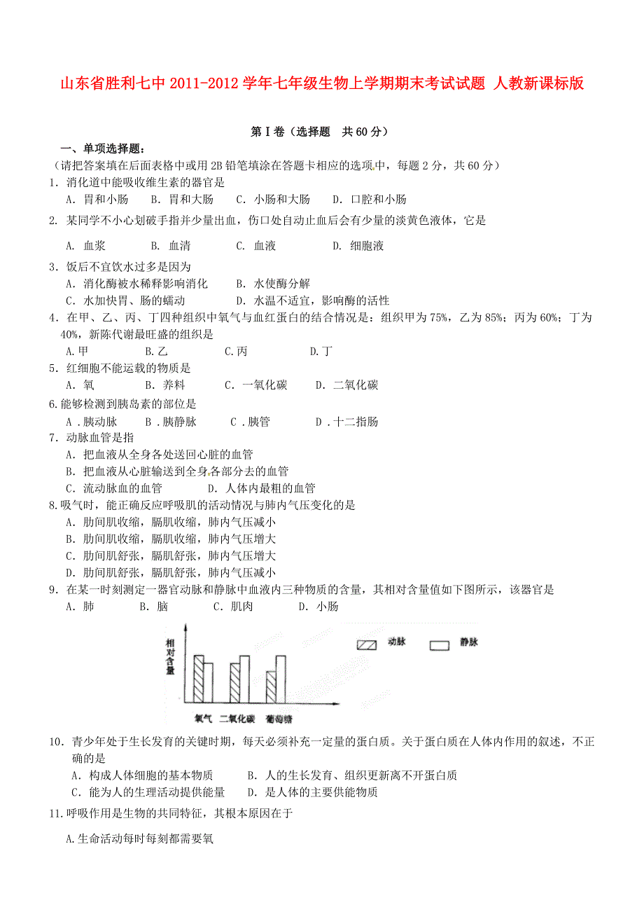 山东省胜利七中2011-2012学年七年级生物上学期期末考试试题 人教新课标版_第1页