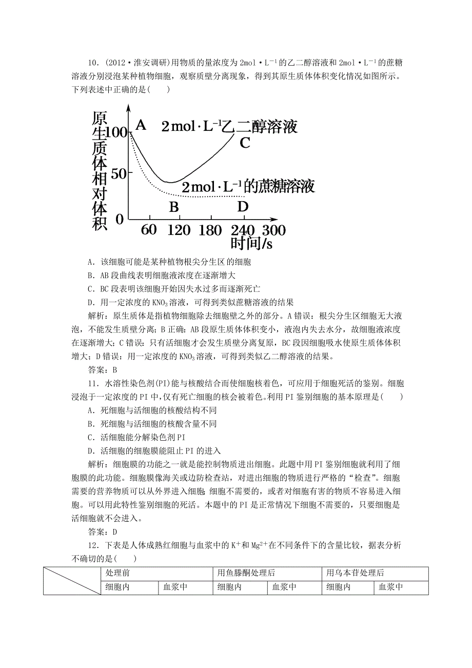 2013届高考生物一轮复习课时作业 8物质跨膜运输的实例 新人教版_第4页