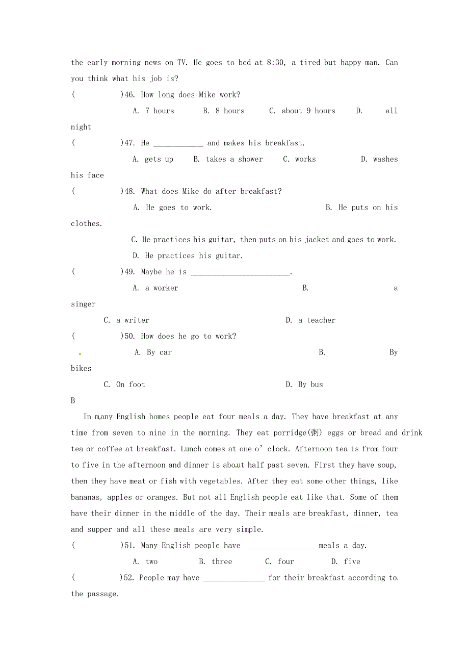 山东省肥城市湖屯镇初级中学七年级英语上册《unit 11 what time do you go to school》复习检测题 人教新目标版_第4页