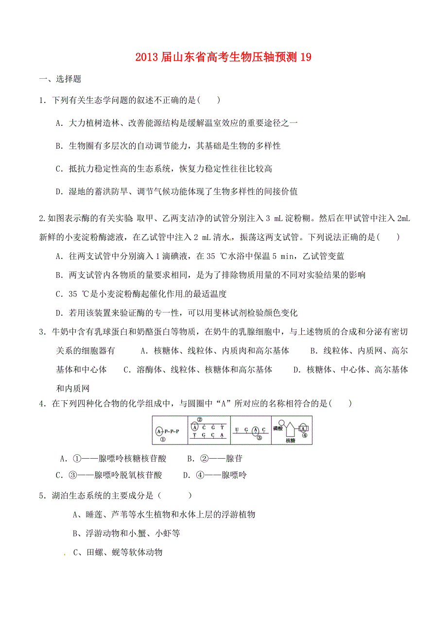 山东省2013届高考生物压轴预测试题19 新人教版_第1页