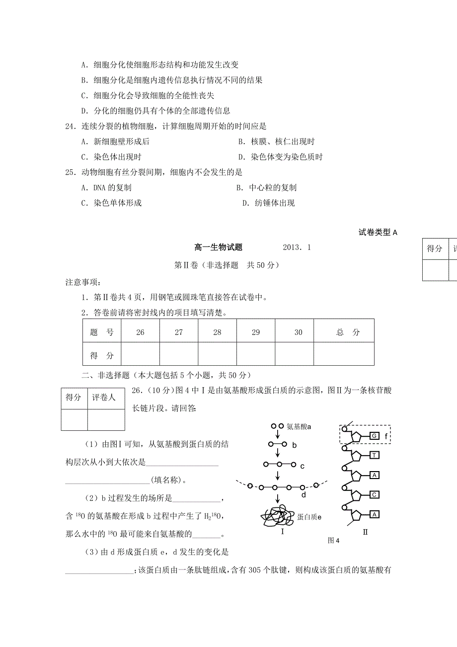 山东省莱芜市2012-2013学年高一生物上学期期末考试新人教版_第4页