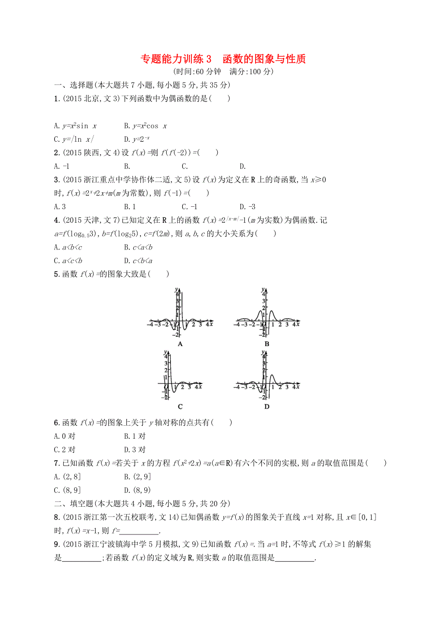 （浙江版）2016高考数学二轮复习 2.1函数的图象与性质专题能力训练_第1页