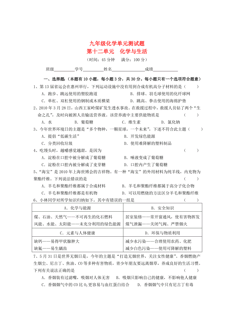 2013年九年级化学下册 第十二单元 化学与生活单元综合测试 新人教版_第1页