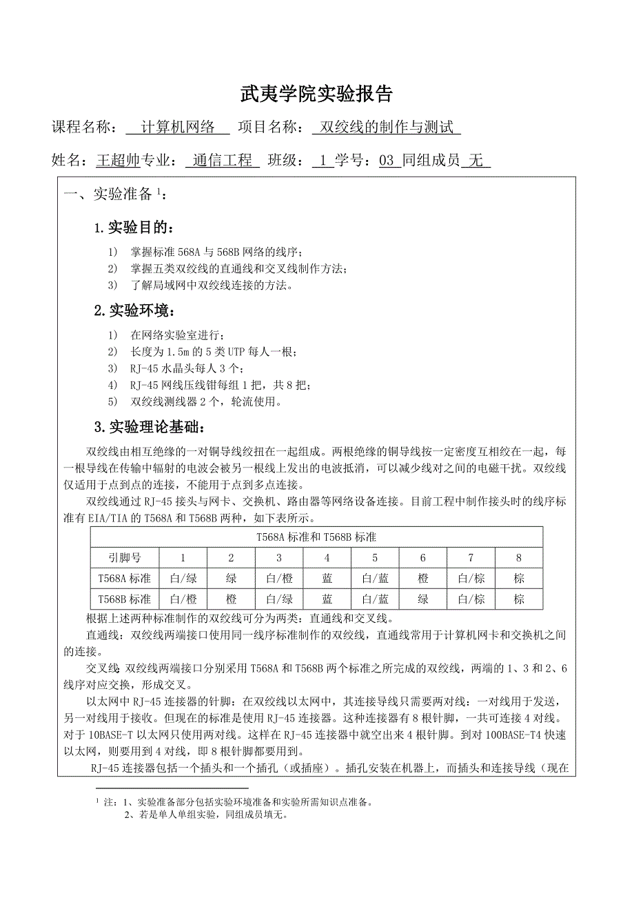 武夷学院双绞线的制作与测试实验报告-通信工程 王超帅课设.doc_第1页