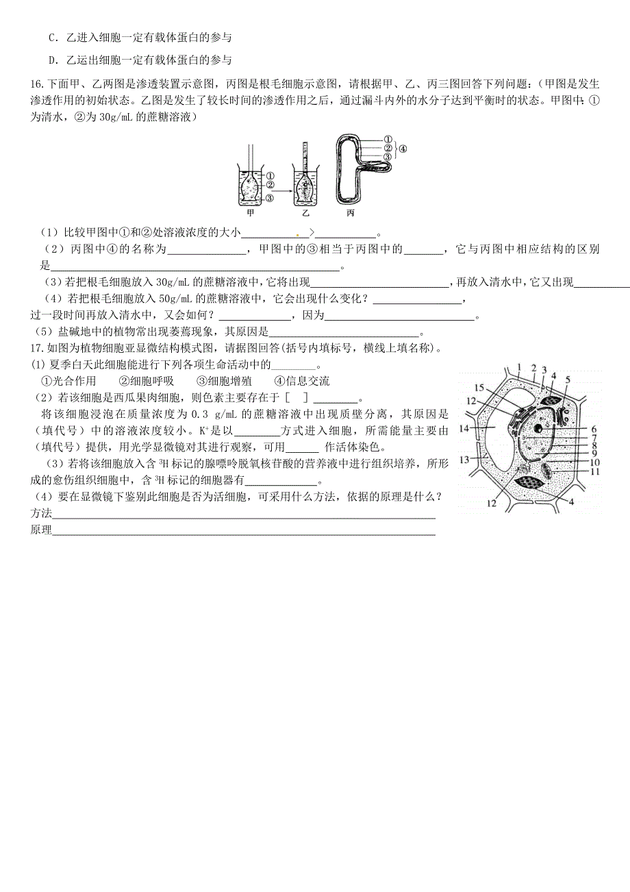 山西省朔州市李林中学2013届高考生物一轮复习 物质跨膜运输的实例、物质跨膜运输的方式小卷子2 新人教版必修1_第3页