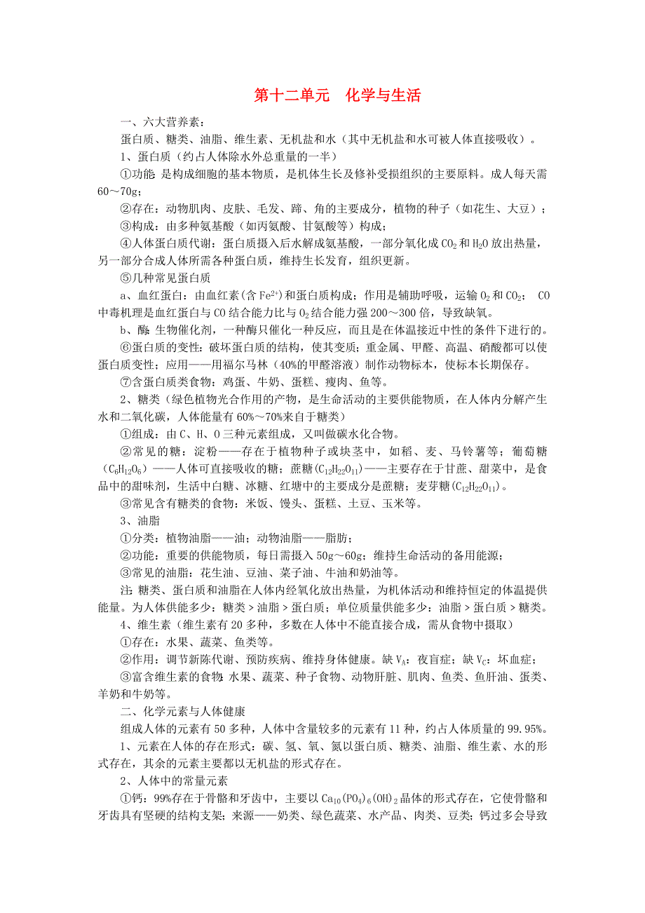 山东省肥城实验中学2012年中考化学冲刺复习 第12单元化学与生活_第1页