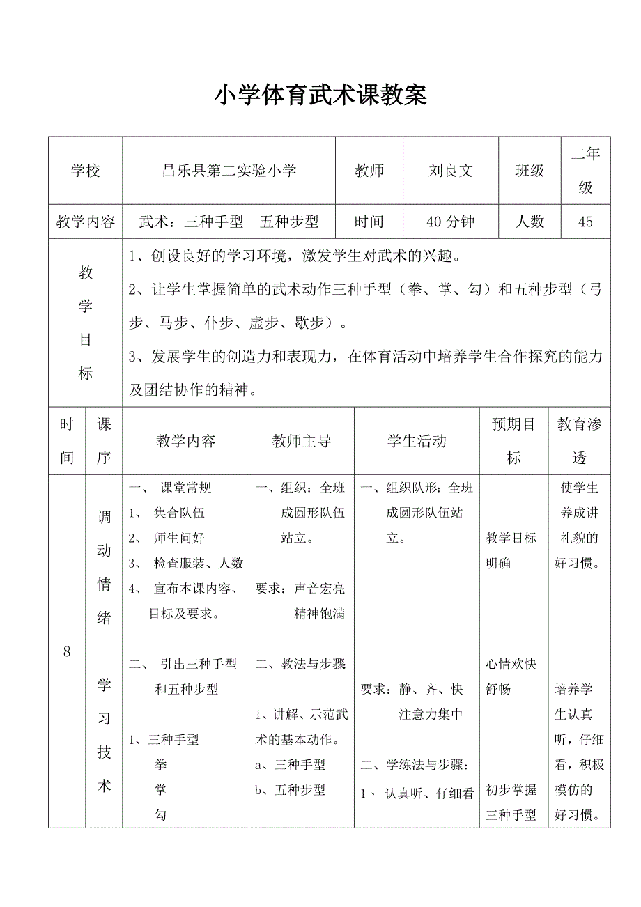 昌乐县第二实验小学二年级武术课《三种手型 五种步型》体育教案.doc_第1页