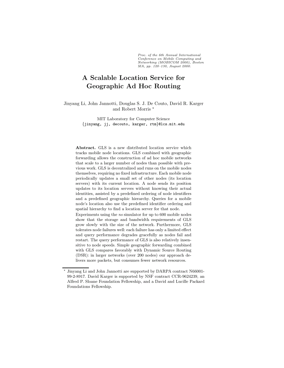 网络通信专业资料：a scalable location service for geographic ad hoc routing_第1页