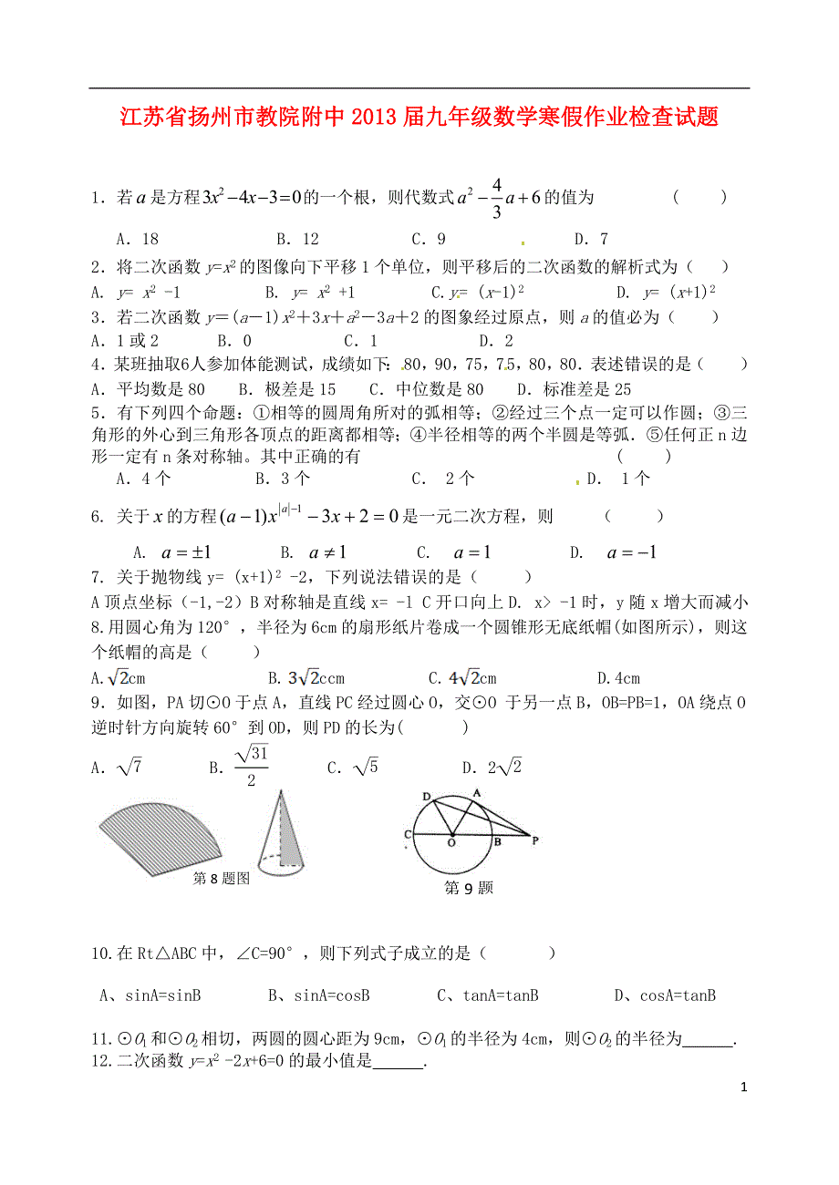 江苏省扬州市2013届九年级数学寒假作业检查试题_第1页