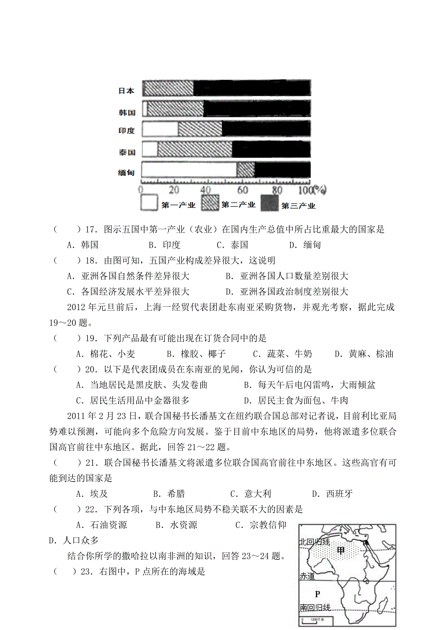 江苏省南通市如东县2011-2012学年度七年级地理第二学期期末试卷 人教新课标版_第3页