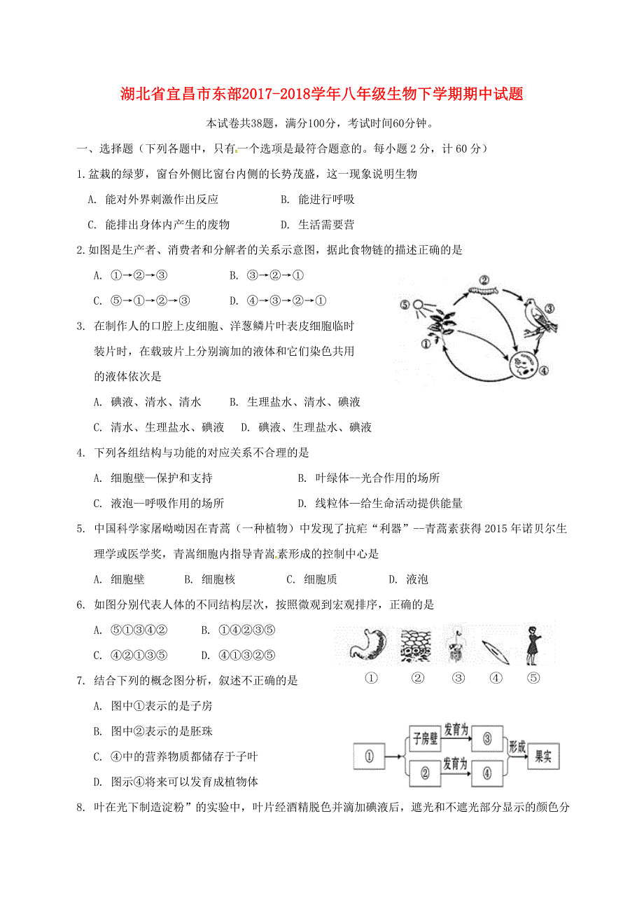 湖北省宜昌市东部2017-2018学年八年级生物下学期期中试题 新人教版_第1页