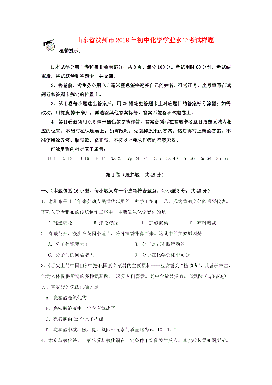 山东省滨州市2018年初中化学学业水平考试样题_第1页