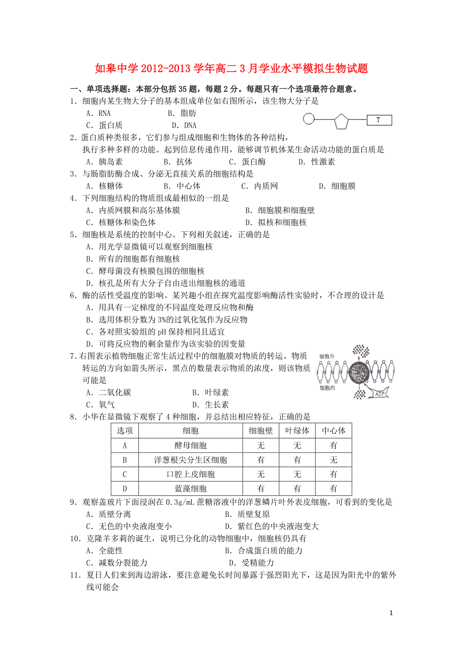 江苏省如皋中学2012-2013学年高二生物3月学业水平模拟试题苏教版_第1页