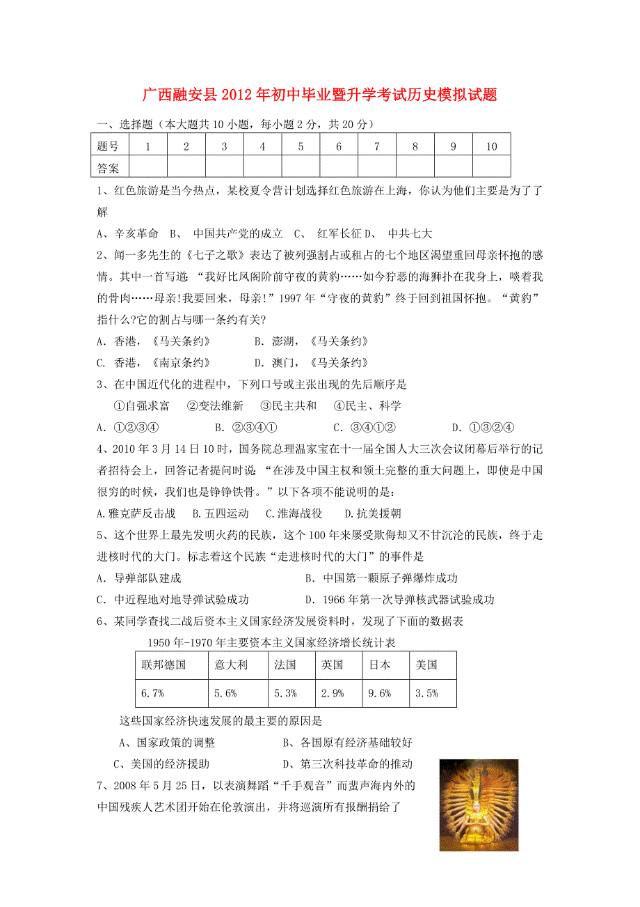 广西融安县2012年初中历史毕业暨升学考试模拟试题 人教新课标版_第1页