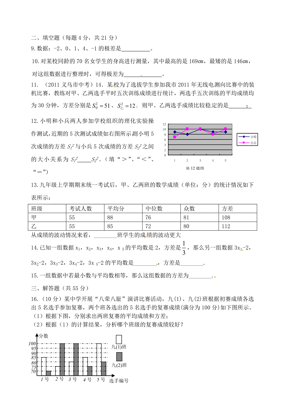 江苏省扬州市维扬中学九年级数学《数据的离散程度》单元测试（无答案） 新人教版_第2页