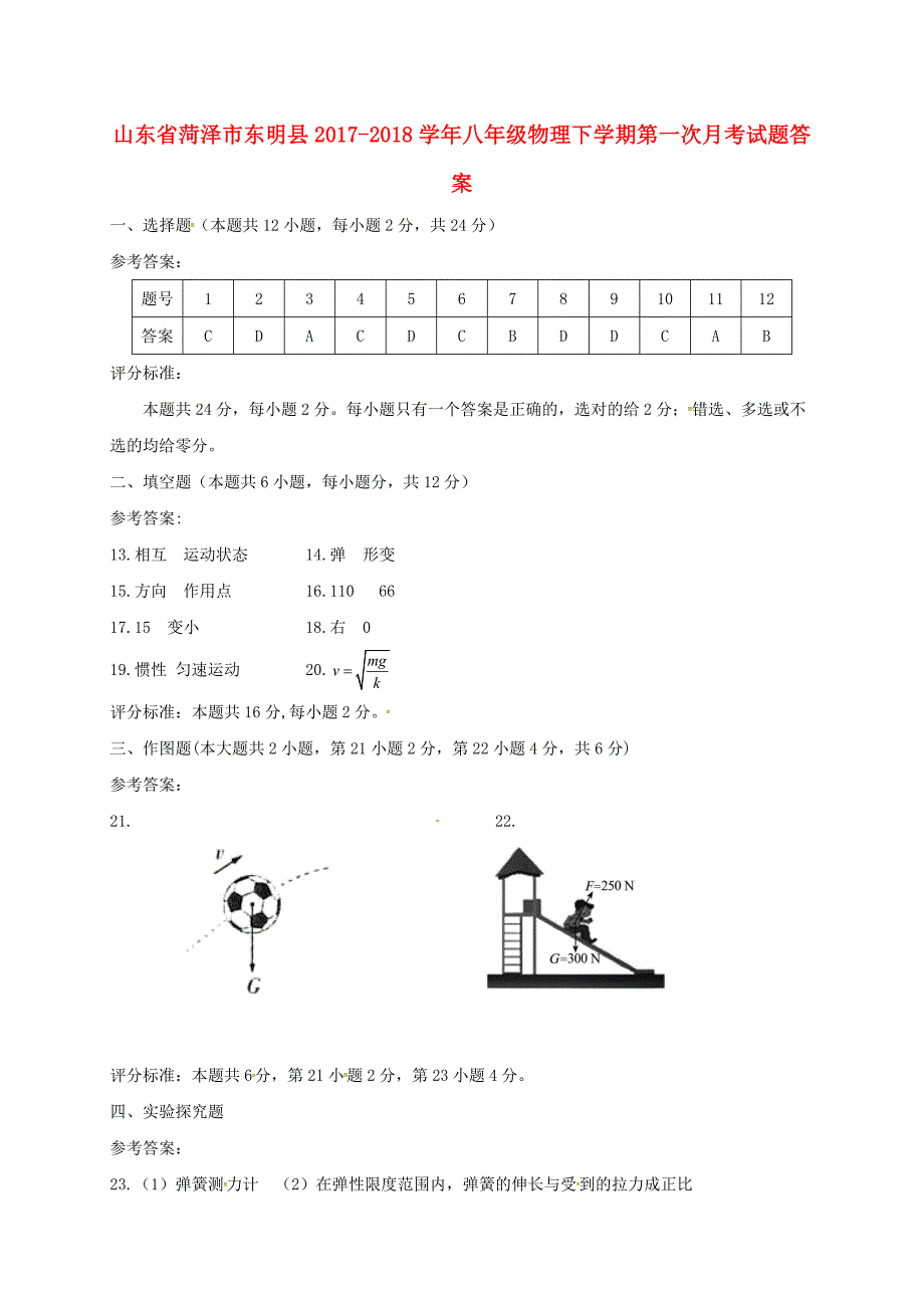 山东省菏泽市东明县2017-2018学年八年级物理下学期第一次月考试题答案 教科版_第1页