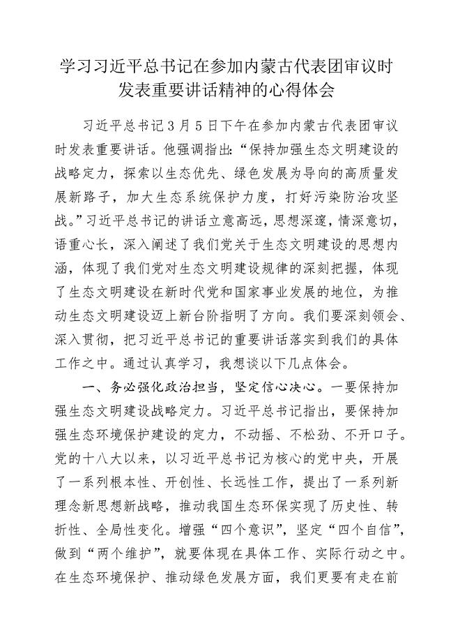 学习在参加内蒙古代表团审议时发表重要讲话精神的心得体会