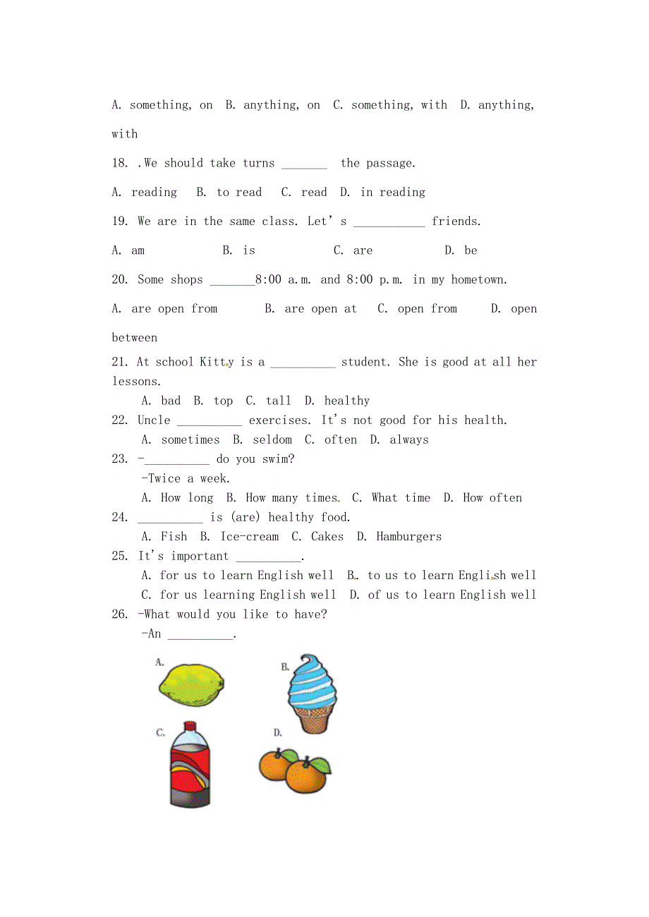 江苏省姜堰市蒋垛中学2012-2013学年七年级英语上册 unit 6 food and lifestyle周周清14（无答案） 牛津版_第3页