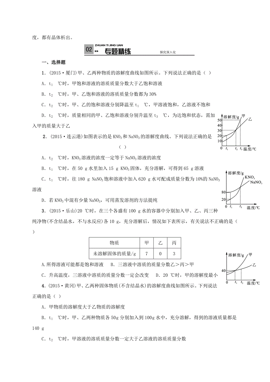 山东省广饶县广饶街道颜徐学校中考化学专题复习 第4单元 身边的化学物质 第10讲 溶解度曲线及其应用_第3页