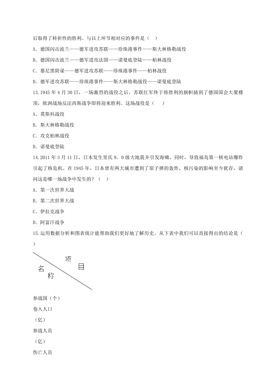 河南省商丘市永城市龙岗镇九年级历史下册 第三单元 第二次世界大战综合测试 新人教版_第4页