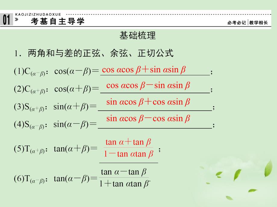 2013高考数学一轮复习 （考基自主导学+考向探究导析+考题专项突破）两角和与差的正弦、余弦和正切课件 理_第3页