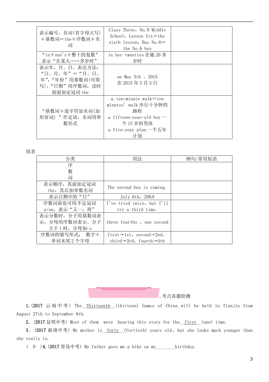 （云南专版）2018年中考英语特训复习 第2编 语法专题突破篇 专题4 数词试题_第3页