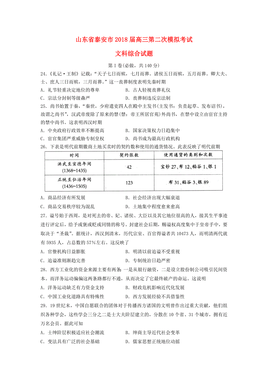 山东省泰安市2018届高三历史第二次模拟考试试题_第1页