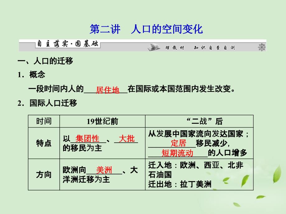 2013届高考地理一轮复习 第一章第二讲人口的空间变化课件 必修2（广东专用）_第1页