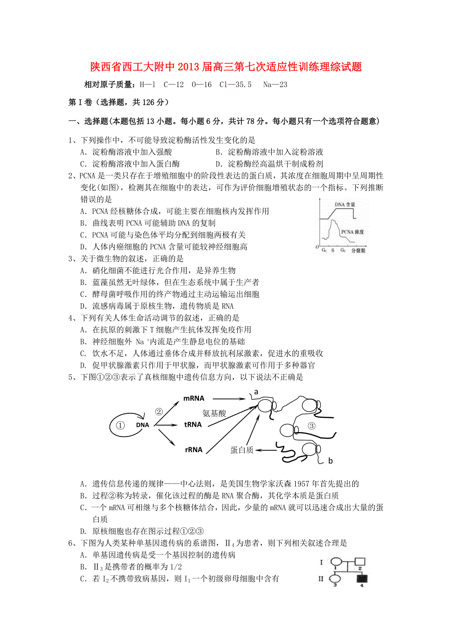 陕西省2013届高三理综第七次适应性训练试题_第1页