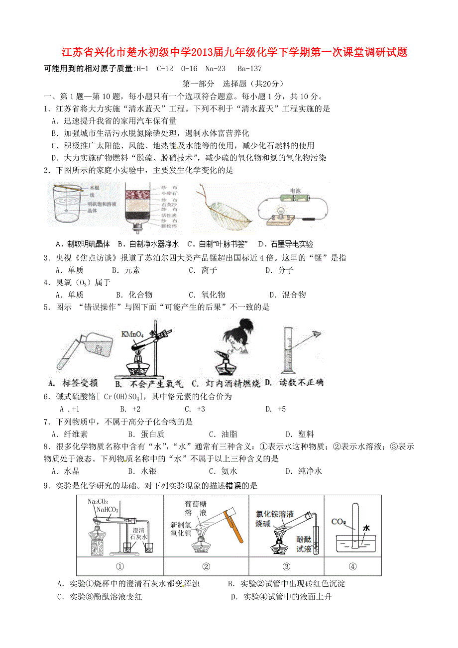 江苏省兴化市楚水初级中学2013届九年级化学下学期第一次课堂调研试题_第1页