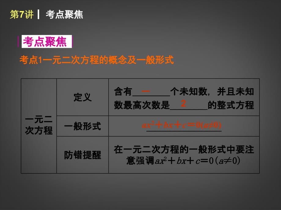 2014届中考数学第一轮夯实基础《第7讲 一元二次方程及其应用》（课本回归+考点聚焦+典例题解析）课件 苏科版_第2页