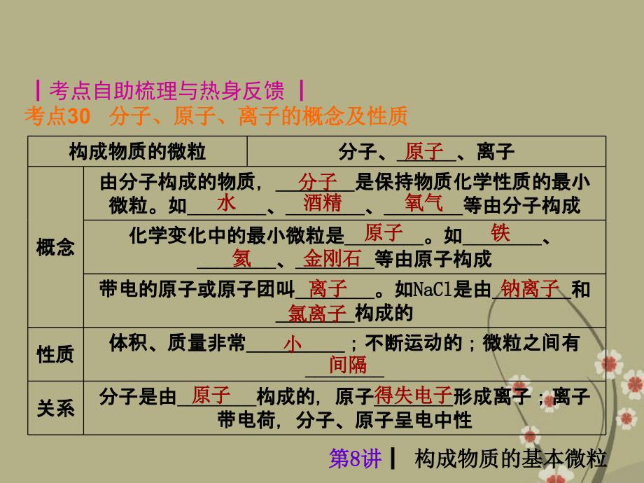 2013届中考化学考前热点冲刺《第八讲 构成物质的基本微粒》（单课考点自主梳理+热点反馈+典例真题分析）课件 新人教版_第2页