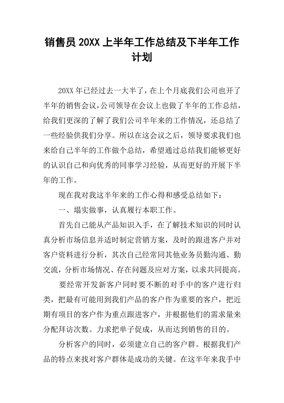 销售员20xx上半年工作总结及下半年工作计划_第1页