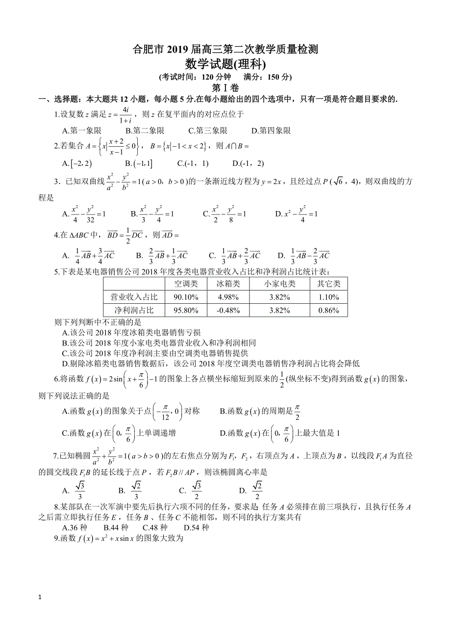 安徽省合肥市2019届高三第二次教学质量检测数学理试题_第1页