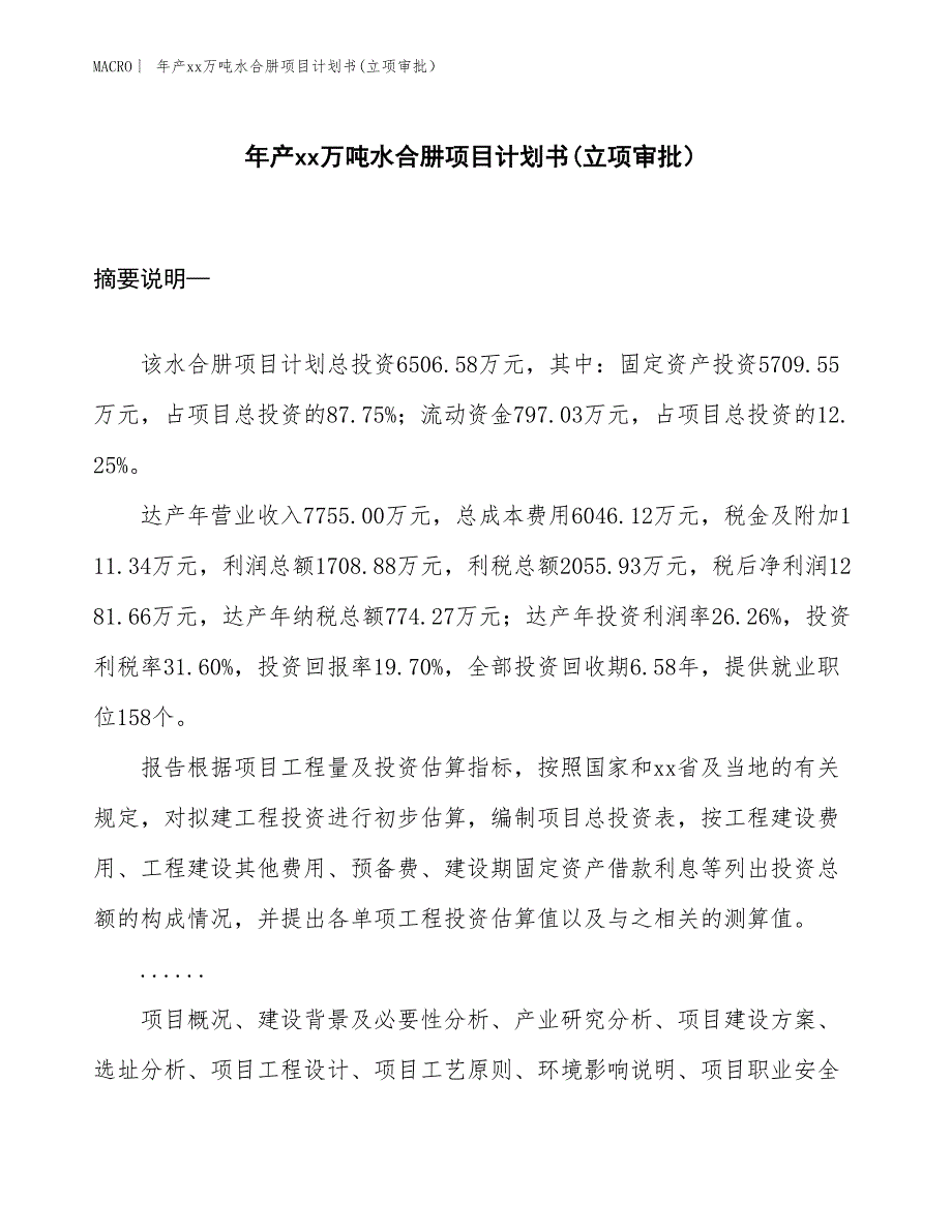 年产xx万吨水合肼项目计划书(立项审批）_第1页