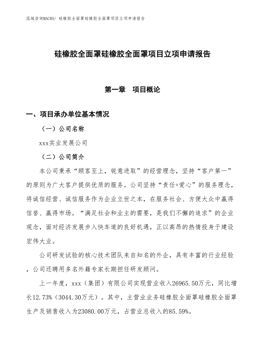 （招商引资）硅橡胶全面罩硅橡胶全面罩项目立项申请报告_第1页