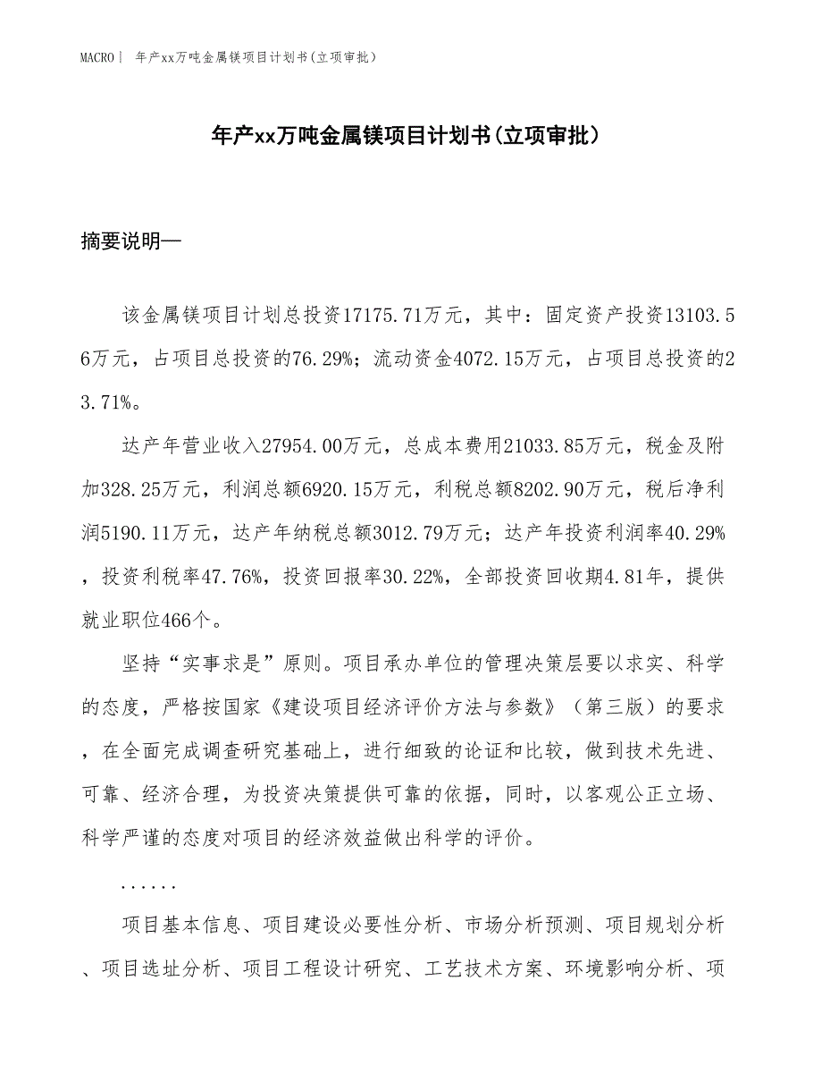 年产xx万吨金属镁项目计划书(立项审批）_第1页